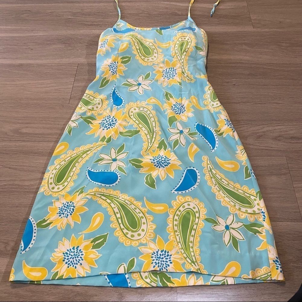 Lilly Pulitzer blue/yellow/green floral patterned silk tie around the neck dress